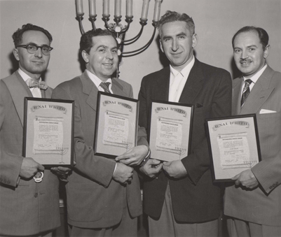 A group of unidentified men with B'nai B&rsquo;rith International receive a Distinguished Service Award in Vancouver, B.C., 1953.